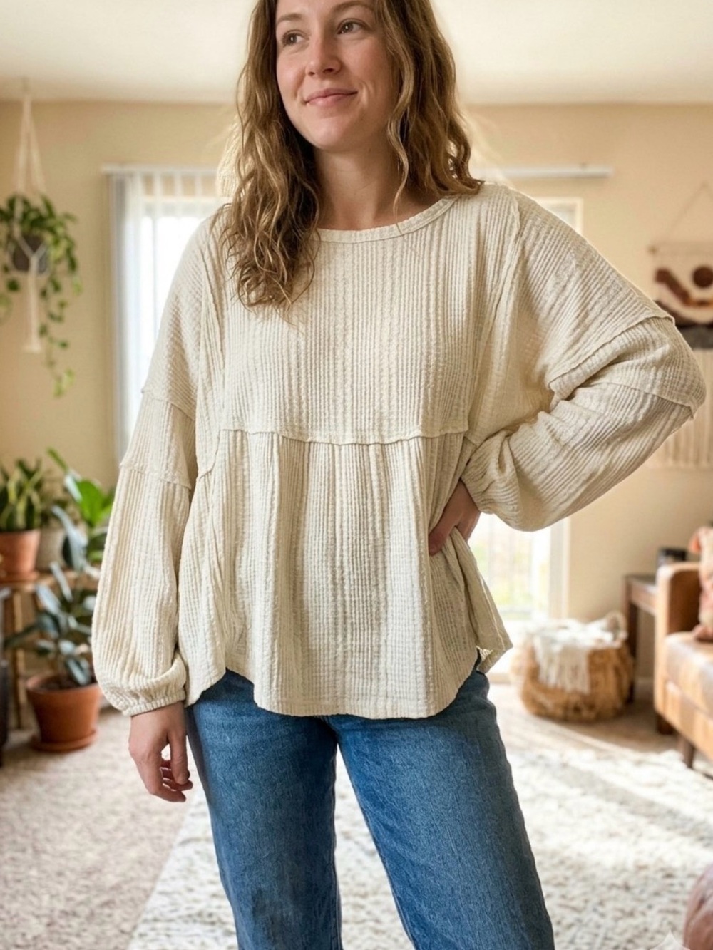 Altar'd State Ivory Waffle Knit Babydoll Thermal Top Oversized Balloon Sleeve